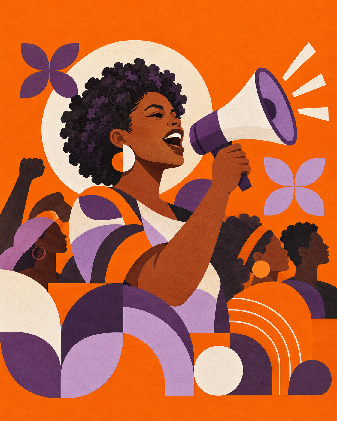 Ilustração de uma mulher brasileira com megafone e formas geométricas laranja e roxas
